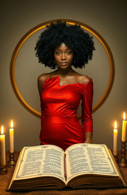 A woman with a chocolate complexion and a curly afro hairstyle stands confidently