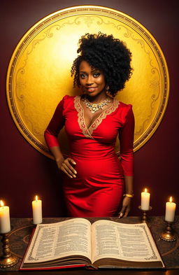 A woman with a chocolate complexion and a curly afro hairstyle stands confidently