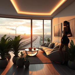 A photorealistic and artistic depiction of a modern, minimalist living room filled with large ferns in uniquely designed pots placed on the floor alongside the walls, grouped on either side of a futuristic-shaped couch