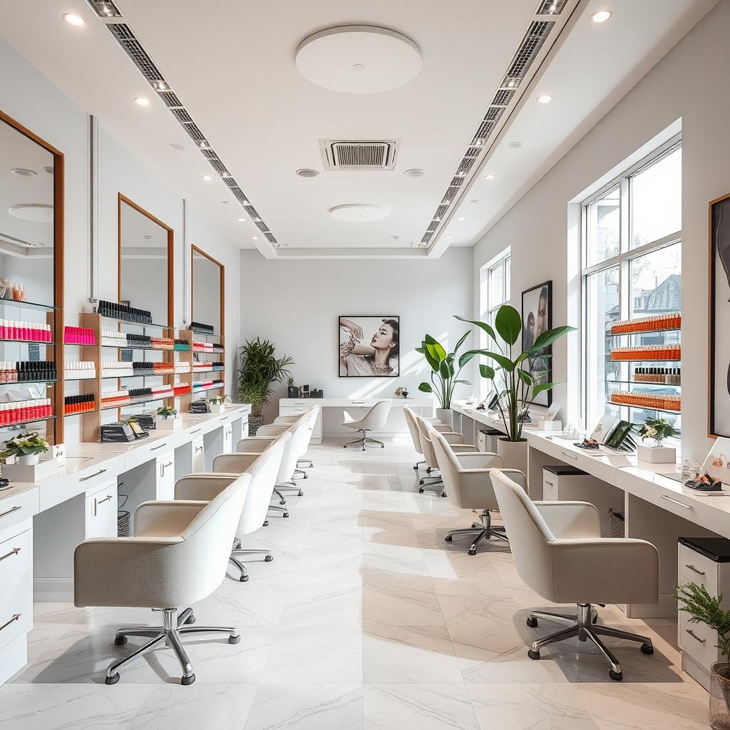 A modern and chic nail salon with elegant decor, featuring a variety of manicure and pedicure stations