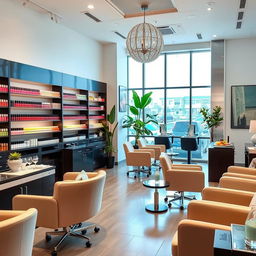 A modern and chic nail salon with elegant decor, featuring a variety of manicure and pedicure stations