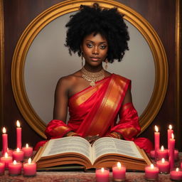 A woman with a chocolate complexion and a curly afro hairstyle sits in an Indian style pose