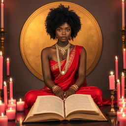 A woman with a chocolate complexion and a curly afro hairstyle sits in an Indian style pose