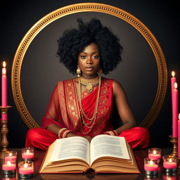 A woman with a chocolate complexion and a curly afro hairstyle sits in an Indian style pose