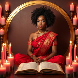 A woman with a chocolate complexion and a curly afro hairstyle sits in an Indian style pose