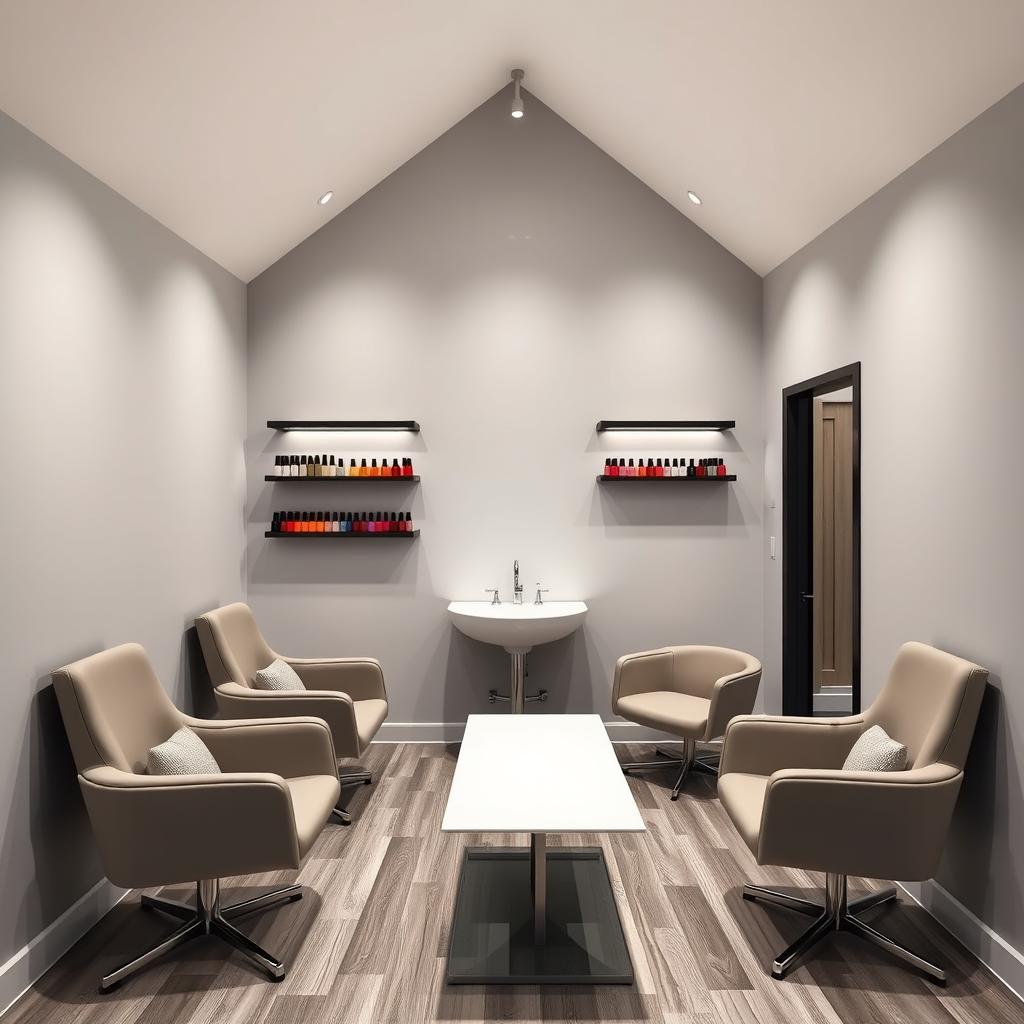 A cozy nail salon designed for two clients, featuring an elegantly arranged space with one sink, four stylish chairs, and a sleek table