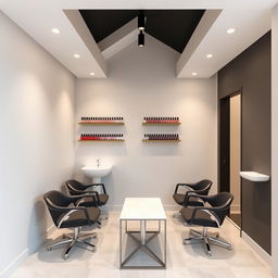 A cozy nail salon designed for two clients, featuring an elegantly arranged space with one sink, four stylish chairs, and a sleek table