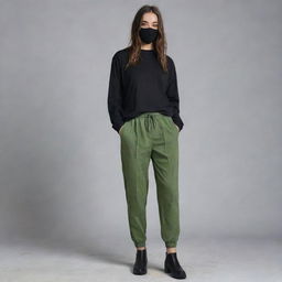 Generate an image of a girl with double block hair, wearing a black mask, loose black long sleeve top, baggy swamp-green pants. She is 163 cm tall with an average weight.