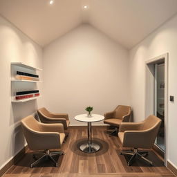 A cozy nail salon designed for two clients, featuring an elegantly arranged space with one sink, four stylish chairs, and a sleek table