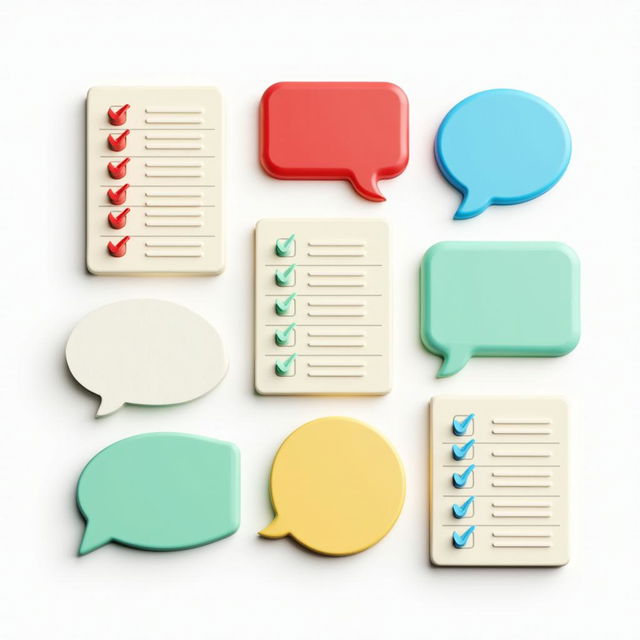 3D elements featuring checklists and speech bubbles on a white background