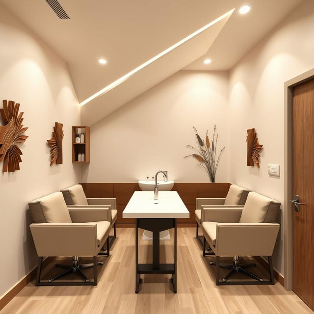 A stylish and compact nail salon designed for two clients, featuring one elegant sink and four comfortable chairs