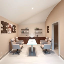 A stylish and compact nail salon designed for two clients, featuring one elegant sink and four comfortable chairs