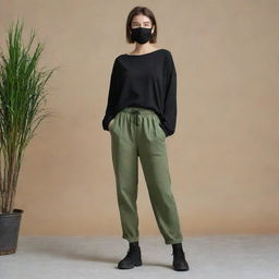 Generate an image of a girl with double block hair, wearing a black mask, loose black long sleeve top, baggy swamp-green pants. She is 163 cm tall with an average weight.