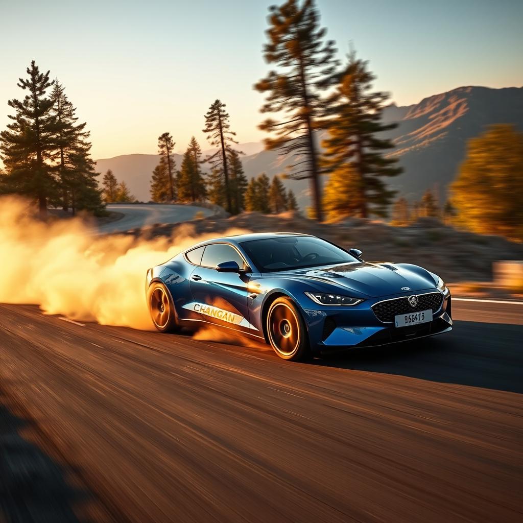 a sleek and dynamic Changan car performing a high-speed drift on a winding mountain road, with smoke trailing from the tires