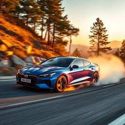 a sleek and dynamic Changan car performing a high-speed drift on a winding mountain road, with smoke trailing from the tires