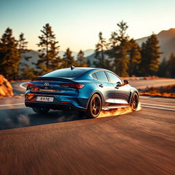 a sleek and dynamic Changan car performing a high-speed drift on a winding mountain road, with smoke trailing from the tires