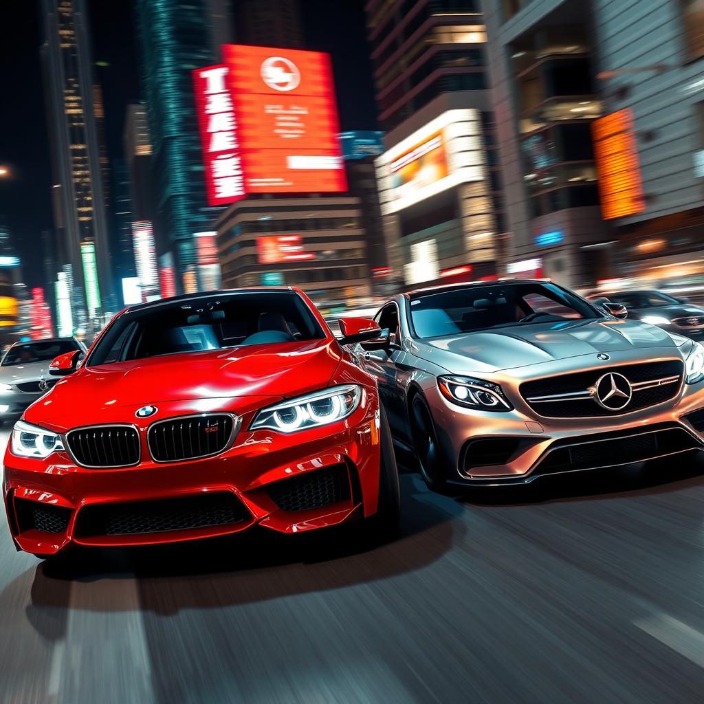 a high-octane scene featuring a BMW and a Mercedes in an intense street race in a bustling city at night