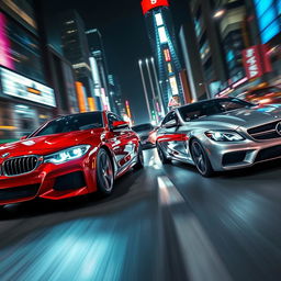 a high-octane scene featuring a BMW and a Mercedes in an intense street race in a bustling city at night