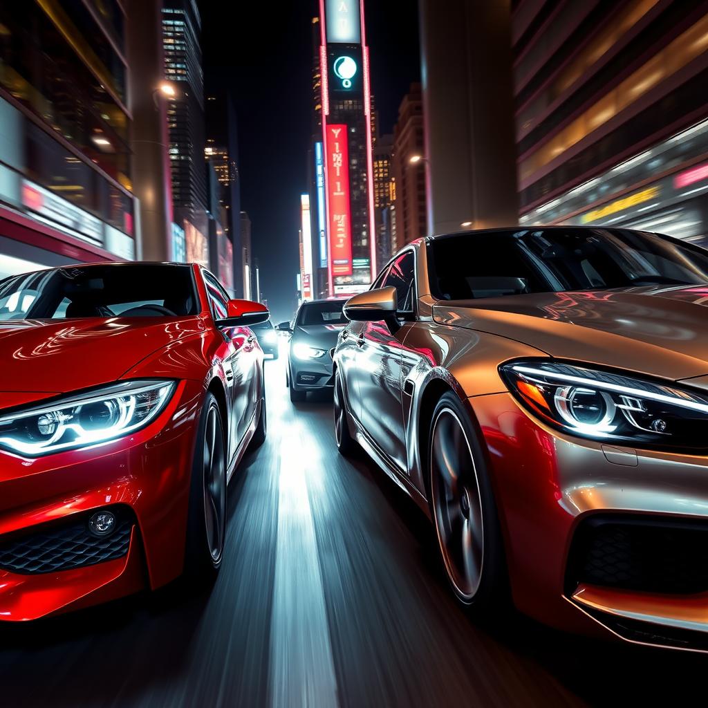 a high-octane scene featuring a BMW and a Mercedes in an intense street race in a bustling city at night