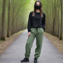 Generate an image of a girl with double block hair, wearing a black mask, loose black long sleeve top, baggy swamp-green pants. She is 163 cm tall with an average weight.