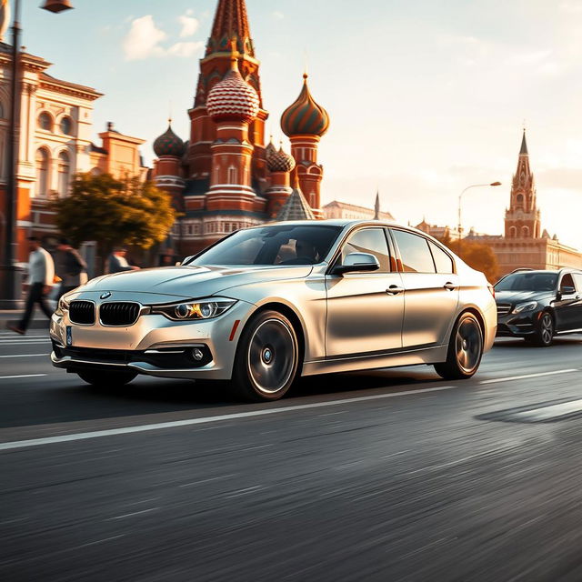 a BMW 320d gracefully navigating the busy streets of Moscow