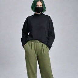 Generate an image of a girl with double block hair, wearing a black mask, loose black long sleeve top, baggy swamp-green pants. She is 163 cm tall with an average weight.