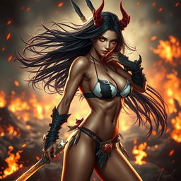 A stunning, fierce demon slayer girl wearing a stylish bikini, posed confidently against a dramatic backdrop of a burning battlefield