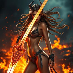 A stunning, fierce demon slayer girl wearing a stylish bikini, posed confidently against a dramatic backdrop of a burning battlefield