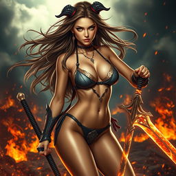 A stunning, fierce demon slayer girl wearing a stylish bikini, posed confidently against a dramatic backdrop of a burning battlefield