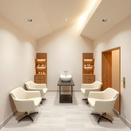 A stylish and compact nail salon designed for two clients, featuring one sophisticated sink and four comfortable chairs