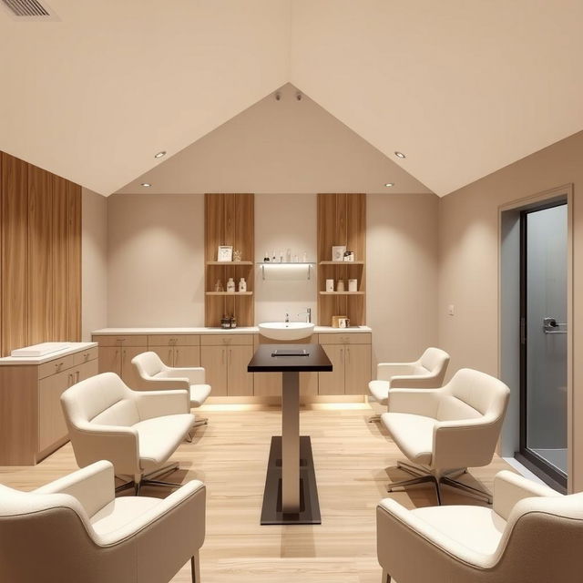 A stylish and compact nail salon designed for two clients, featuring one sophisticated sink and four comfortable chairs