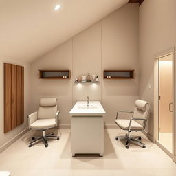 A stylish and compact nail salon designed for two clients, featuring one sophisticated sink and four comfortable chairs