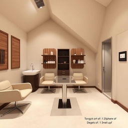 A stylish and compact nail salon designed for two clients, featuring one sophisticated sink and four comfortable chairs