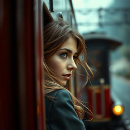 A beautiful woman gazing longingly from behind a departing train, capturing a moment of bittersweet farewell