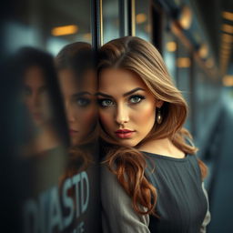 A beautiful woman gazing longingly from behind a departing train, capturing a moment of bittersweet farewell