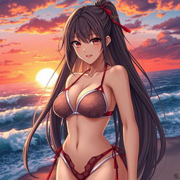 A stunning depiction of an adult female character inspired by Demon Slayer, dressed in a stylish bikini set against a serene beach setting