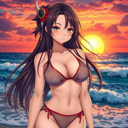 A stunning depiction of an adult female character inspired by Demon Slayer, dressed in a stylish bikini set against a serene beach setting