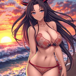 A stunning depiction of an adult female character inspired by Demon Slayer, dressed in a stylish bikini set against a serene beach setting