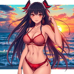 A stunning depiction of an adult female character inspired by Demon Slayer, dressed in a stylish bikini set against a serene beach setting