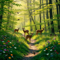 A tranquil spring forest glade teeming with colorful wildflowers and melodious birds in mid-song, capturing a serene and harmonious nature scene