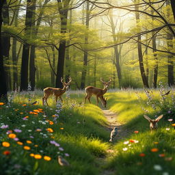 A tranquil spring forest glade teeming with colorful wildflowers and melodious birds in mid-song, capturing a serene and harmonious nature scene