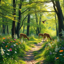 A tranquil spring forest glade teeming with colorful wildflowers and melodious birds in mid-song, capturing a serene and harmonious nature scene