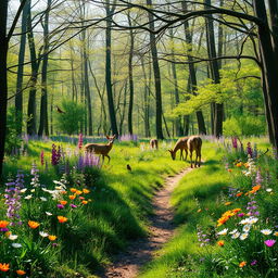 A tranquil spring forest glade teeming with colorful wildflowers and melodious birds in mid-song, capturing a serene and harmonious nature scene