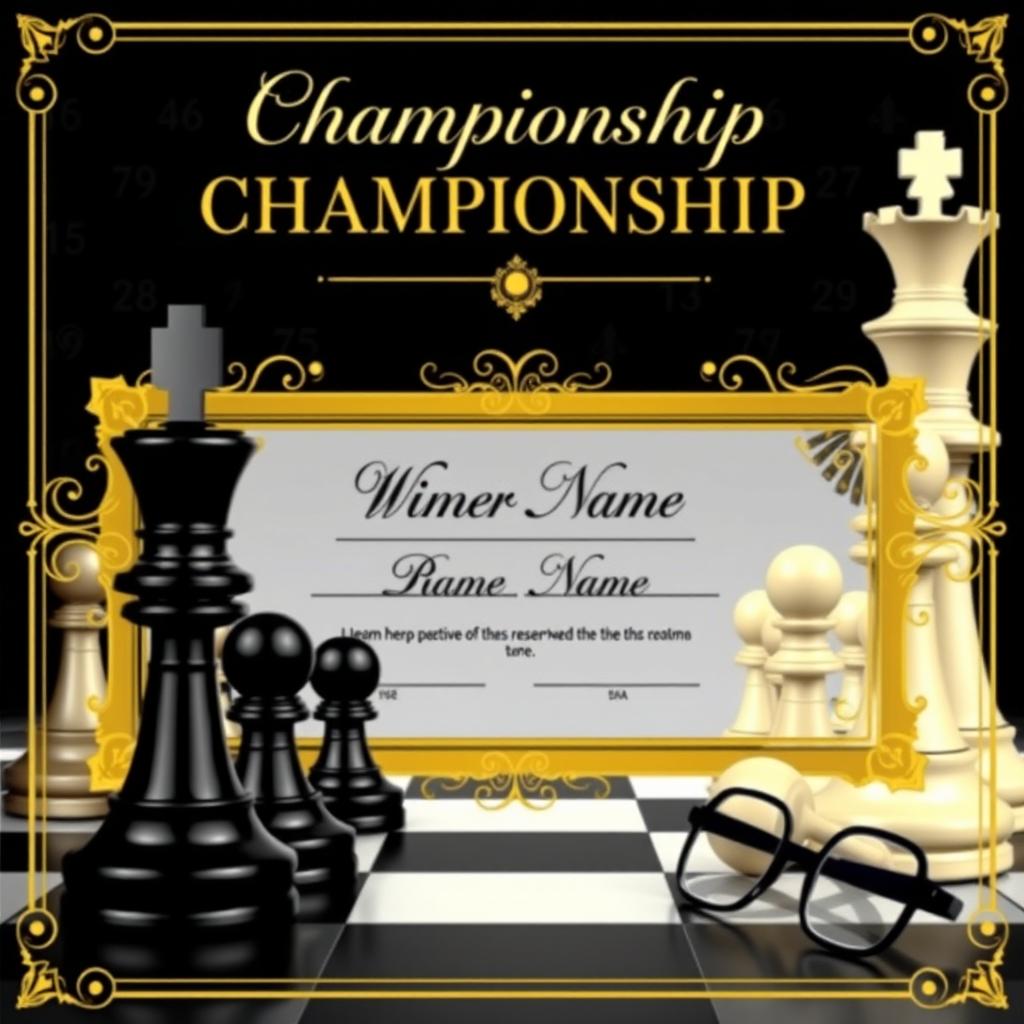 A beautifully designed chess championship diploma featuring a classic chessboard and chess pieces, like the king and queen, elegantly arranged in the foreground