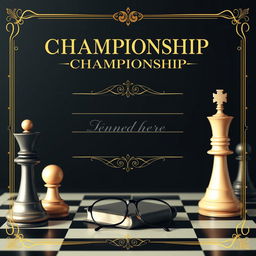 A beautifully designed chess championship diploma featuring a classic chessboard and chess pieces, like the king and queen, elegantly arranged in the foreground