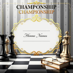 A beautifully designed chess championship diploma featuring a classic chessboard and chess pieces, like the king and queen, elegantly arranged in the foreground