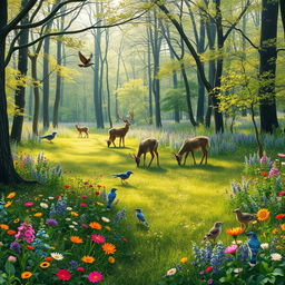 A tranquil spring forest glade adorned with colorful wildflowers where melodious birds fill the air with song