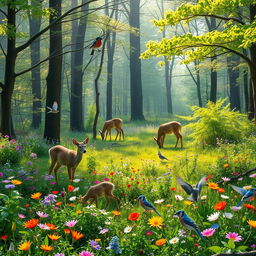 A tranquil spring forest glade adorned with colorful wildflowers where melodious birds fill the air with song