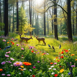 A tranquil spring forest glade adorned with colorful wildflowers where melodious birds fill the air with song