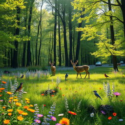 A tranquil spring forest glade adorned with colorful wildflowers where melodious birds fill the air with song